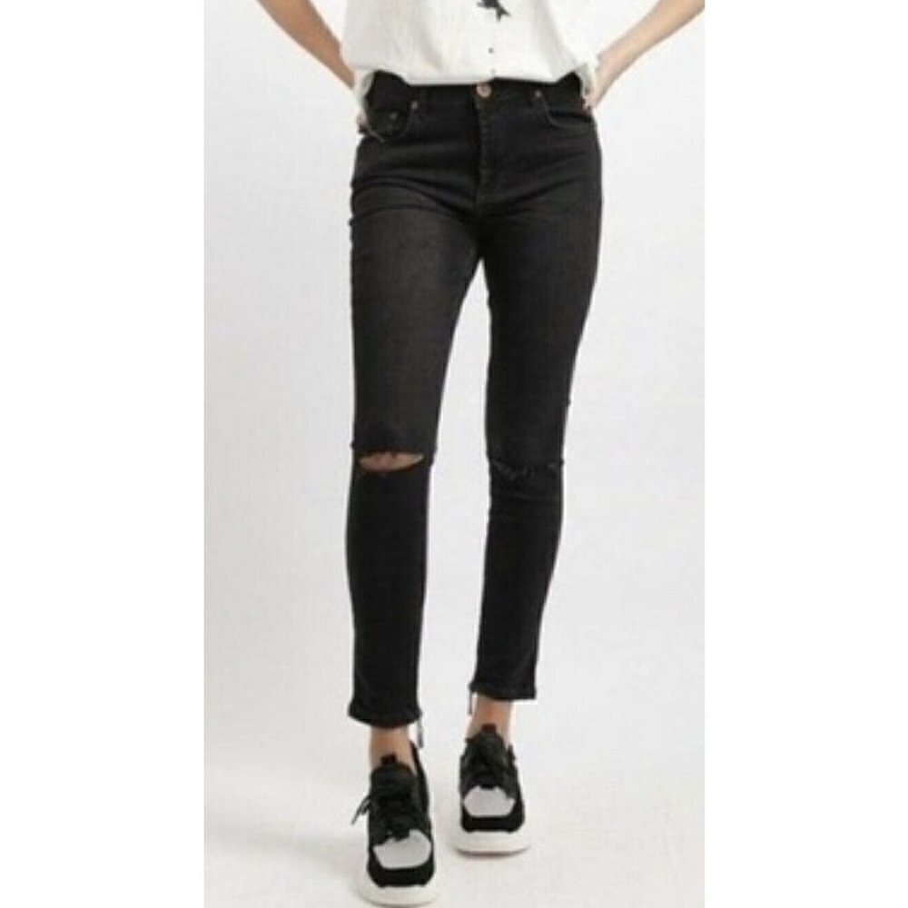 NWT One Teaspoon High Waist Freebirds Jeans Womens 22 Worn Raven Black Zip Ankle
